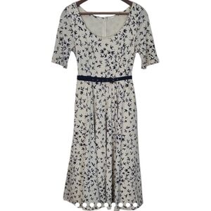eShakti A-Line Bird Print Midi Dress with Scoop Neck Size 4
